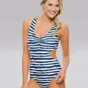 Tori Praver Swimwear Swimsuit One Piece Cutout Cheeky Blue Stripe Stretch M